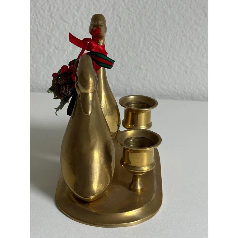 Vintage Brass Swan Candle Holder Double Bird Christmas